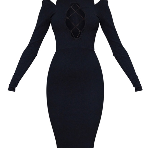 PRETTY LITTLE THING NEW WIRH TAGS Black Crinkle Rib Lace Up Detail Midi Dress - Picture 5 of 5